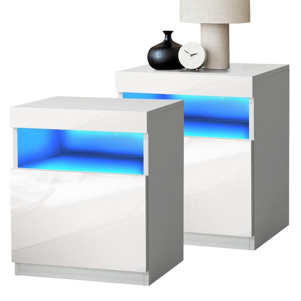 Oikiture Bedside Tables Set of 2 LED Nightstand White-Bedside Table-PEROZ Accessories