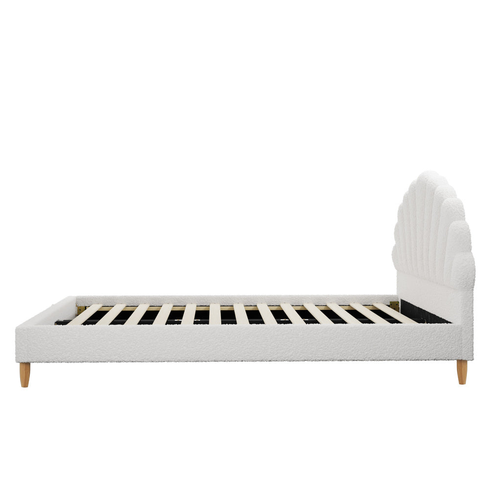 Oikiture Boucle Bed Frame with Ottoman Set Scallop Shaped Sherpa Bedhead Double-Bed Frames-PEROZ Accessories