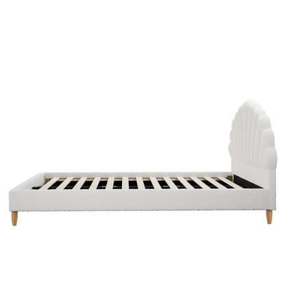 Oikiture Boucle Bed Frame with Ottoman Set Scallop Shaped Sherpa Bedhead Double-Bed Frames-PEROZ Accessories