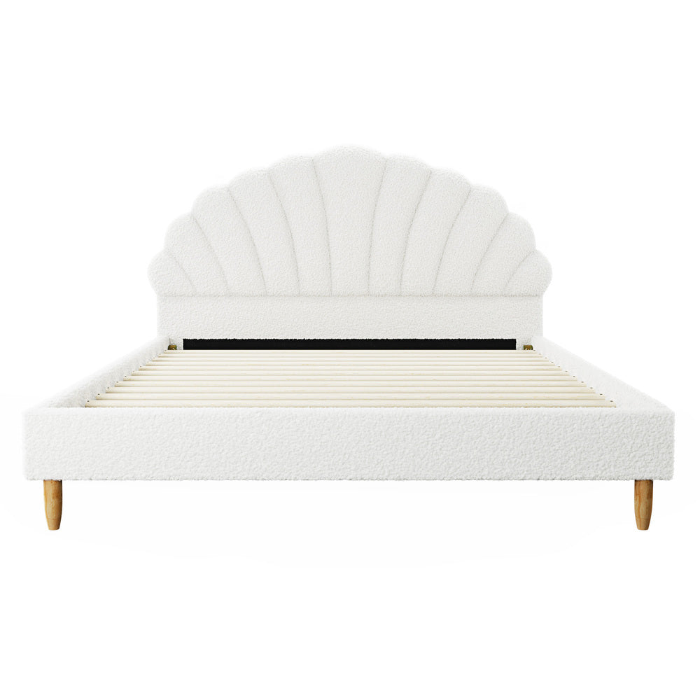 Oikiture Boucle Bed Frame with Ottoman Set Scallop Shaped Sherpa Bedhead Double-Bed Frames-PEROZ Accessories