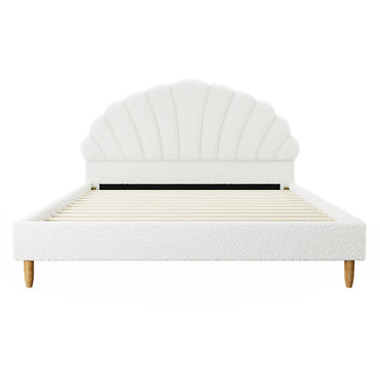 Oikiture Boucle Bed Frame with Ottoman Set Scallop Shaped Sherpa Bedhead Double-Bed Frames-PEROZ Accessories