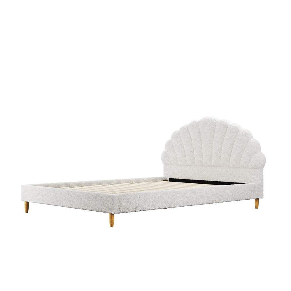 Oikiture Boucle Bed Frame with Ottoman Set Scallop Shaped Sherpa Bedhead Double-Bed Frames-PEROZ Accessories