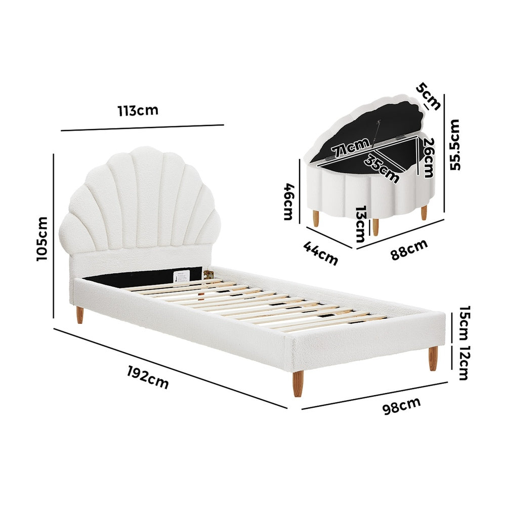 Oikiture Boucle Bed Frame with Ottoman Set Scallop Shaped Sherpa Bedhead Single-Bed Frame-PEROZ Accessories
