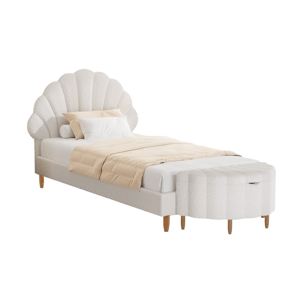 Oikiture Boucle Bed Frame with Ottoman Set Scallop Shaped Sherpa Bedhead Single-Bed Frame-PEROZ Accessories