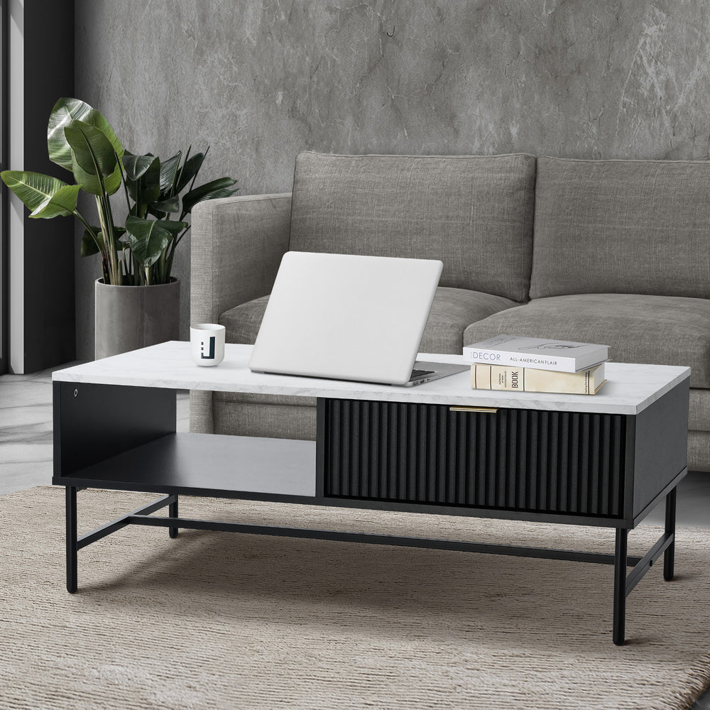 Oikiture Coffee Table 1 Drawer Sofa End Table Open Shelf Black &amp; White-Coffee Tables-PEROZ Accessories