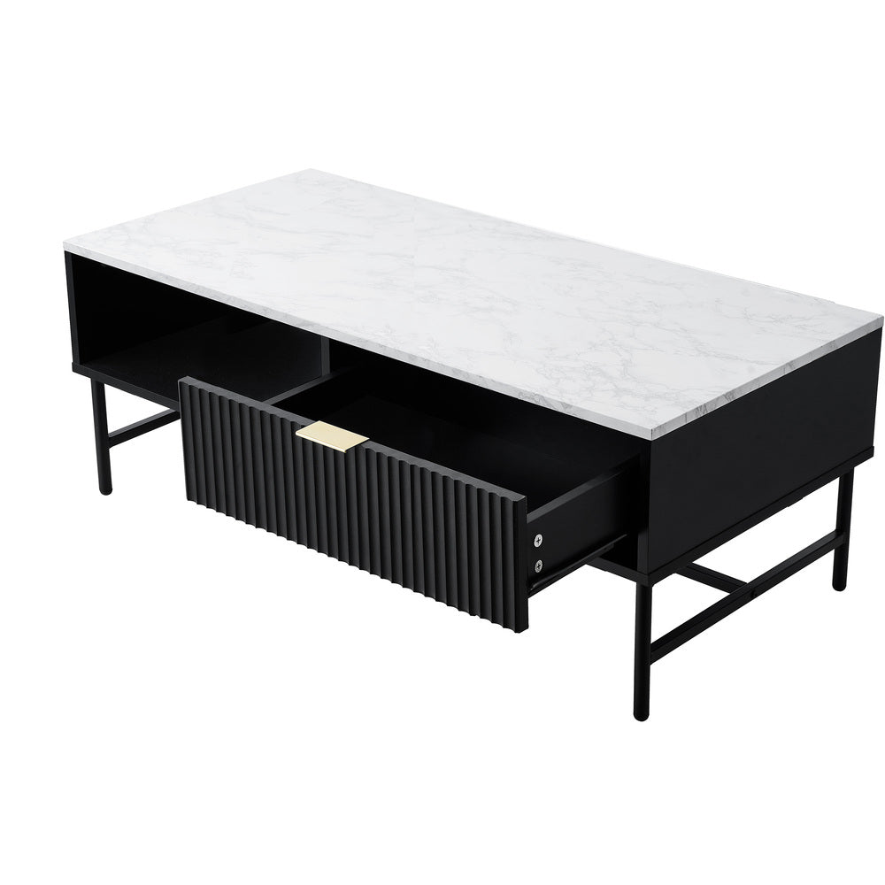 Oikiture Coffee Table 1 Drawer Sofa End Table Open Shelf Black &amp; White-Coffee Tables-PEROZ Accessories