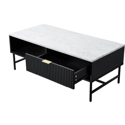 Oikiture Coffee Table 1 Drawer Sofa End Table Open Shelf Black &amp; White-Coffee Tables-PEROZ Accessories