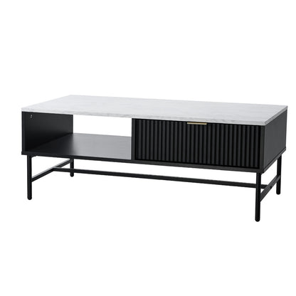 Oikiture Coffee Table 1 Drawer Sofa End Table Open Shelf Black &amp; White-Coffee Tables-PEROZ Accessories