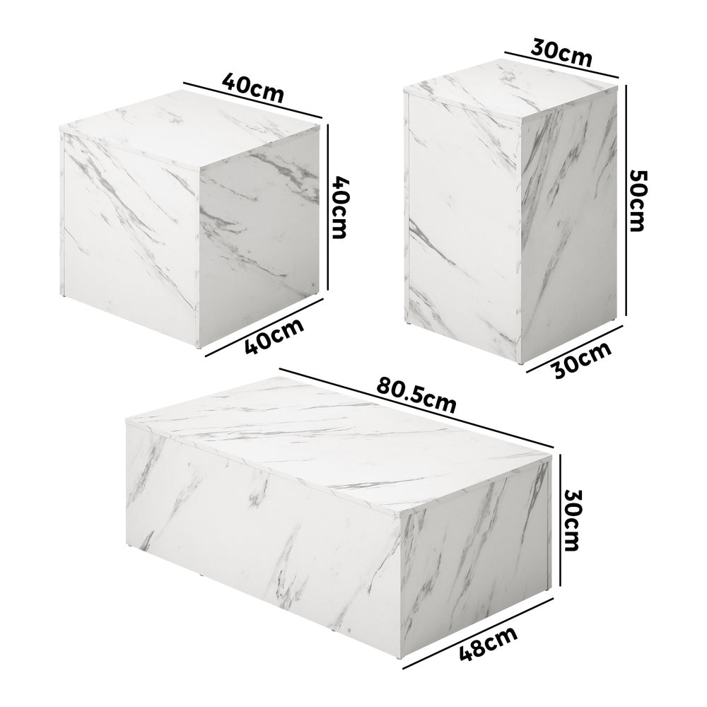 Oikiture Coffee Table Set of 3 Side Tables Marble Effect White-Coffee Table-PEROZ Accessories