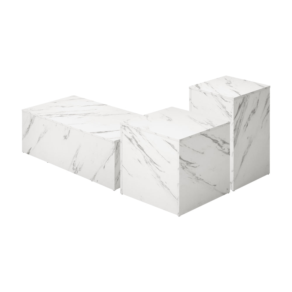 Oikiture Coffee Table Set of 3 Side Tables Marble Effect White-Coffee Table-PEROZ Accessories