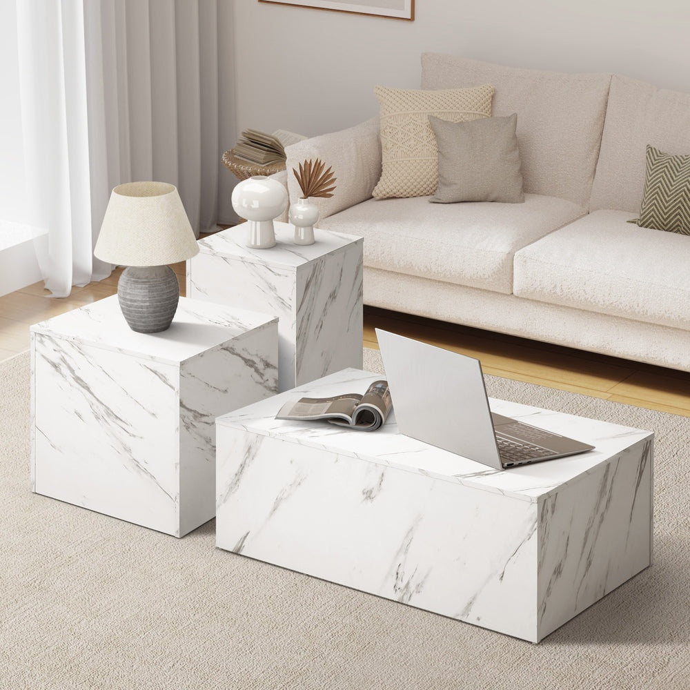Oikiture Coffee Table Set of 3 Side Tables Marble Effect White-Coffee Table-PEROZ Accessories