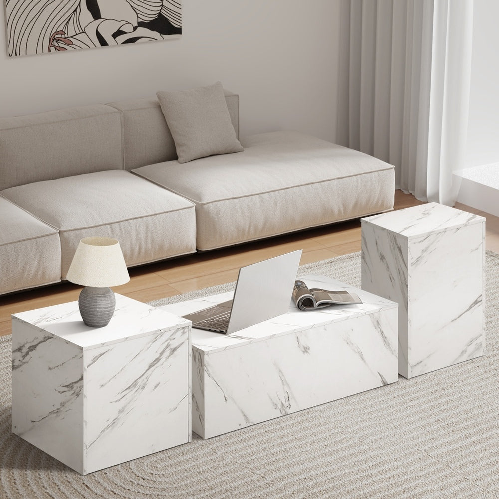 Oikiture Coffee Table Set of 3 Side Tables Marble Effect White-Coffee Table-PEROZ Accessories