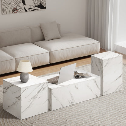 Oikiture Coffee Table Set of 3 Side Tables Marble Effect White-Coffee Table-PEROZ Accessories