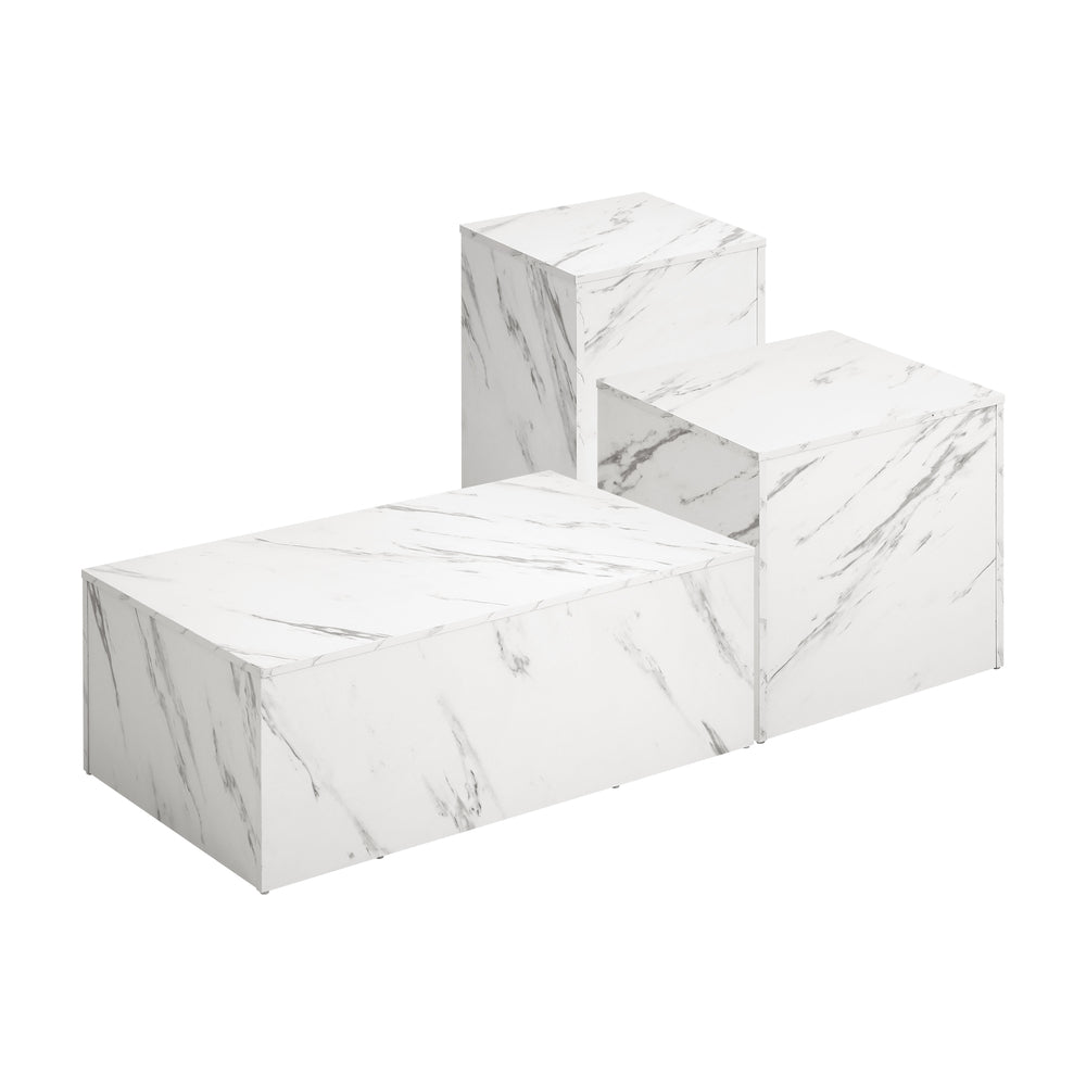 Oikiture Coffee Table Set of 3 Side Tables Marble Effect White-Coffee Table-PEROZ Accessories