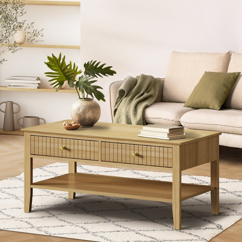 Oikiture Coffee Table with Storage Drawers Open Shelving Natural-Coffee Tables-PEROZ Accessories