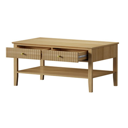 Oikiture Coffee Table with Storage Drawers Open Shelving Natural-Coffee Tables-PEROZ Accessories