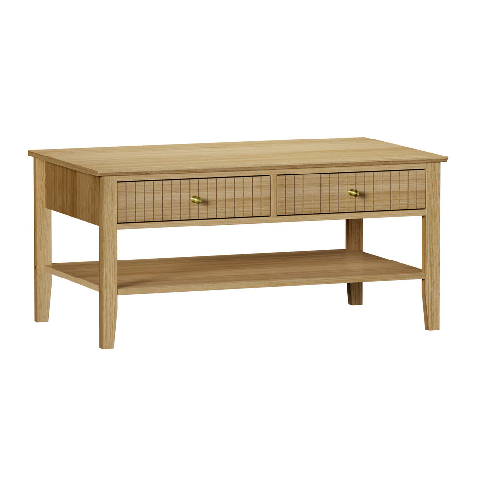 Oikiture Coffee Table with Storage Drawers Open Shelving Natural-Coffee Tables-PEROZ Accessories