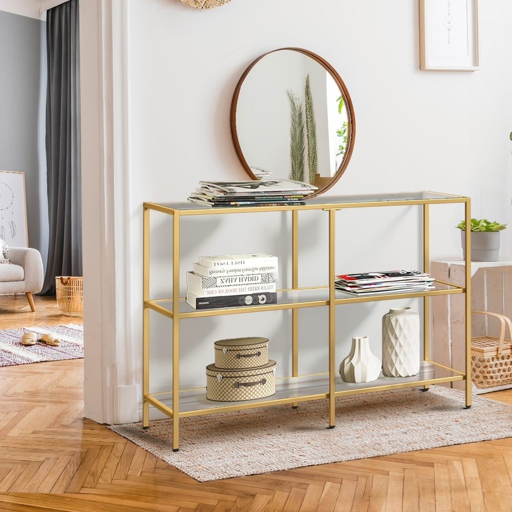 Oikiture Console Table Tempered Glass 3 Shelves Gold-Console Table-PEROZ Accessories