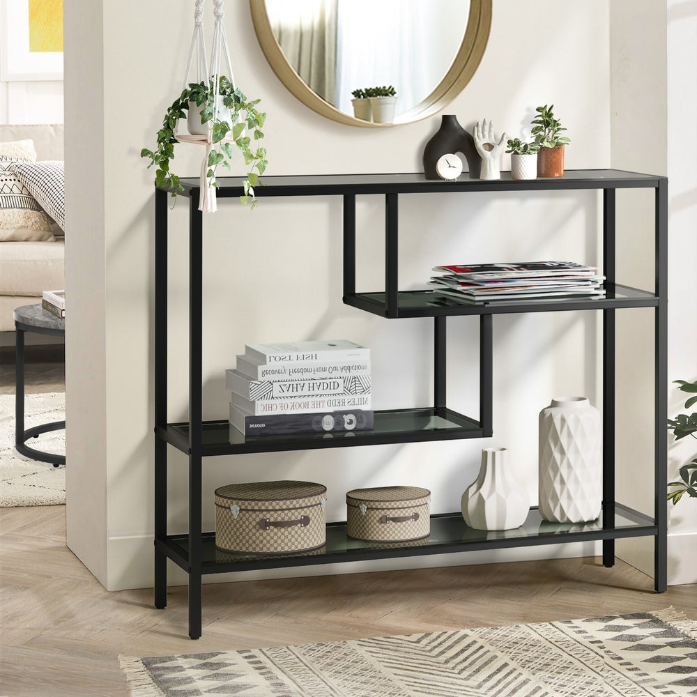 Oikiture Console Table Tempered Glass 4 Shelves Black-Console Table-PEROZ Accessories