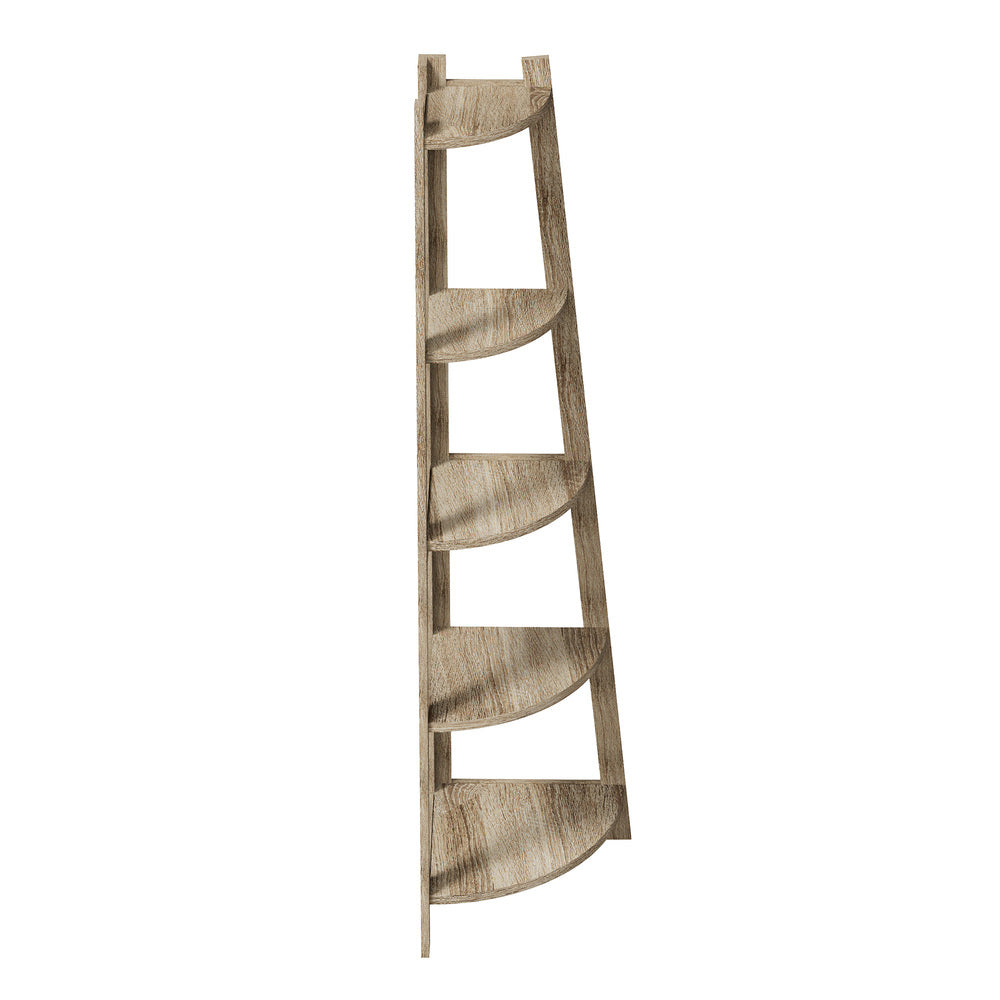 Oikiture Corner Ladder Shelf 5 Tier Display Stand Bookshelf Natural-Bookshelf-PEROZ Accessories