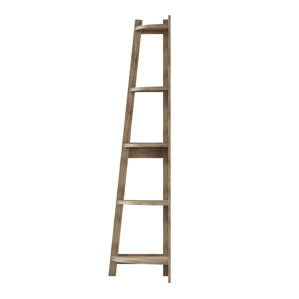 Oikiture Corner Ladder Shelf 5 Tier Display Stand Bookshelf Natural-Bookshelf-PEROZ Accessories