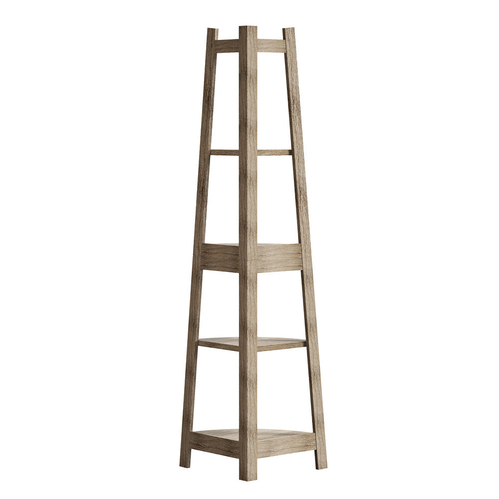 Oikiture Corner Ladder Shelf 5 Tier Display Stand Bookshelf Natural-Bookshelf-PEROZ Accessories