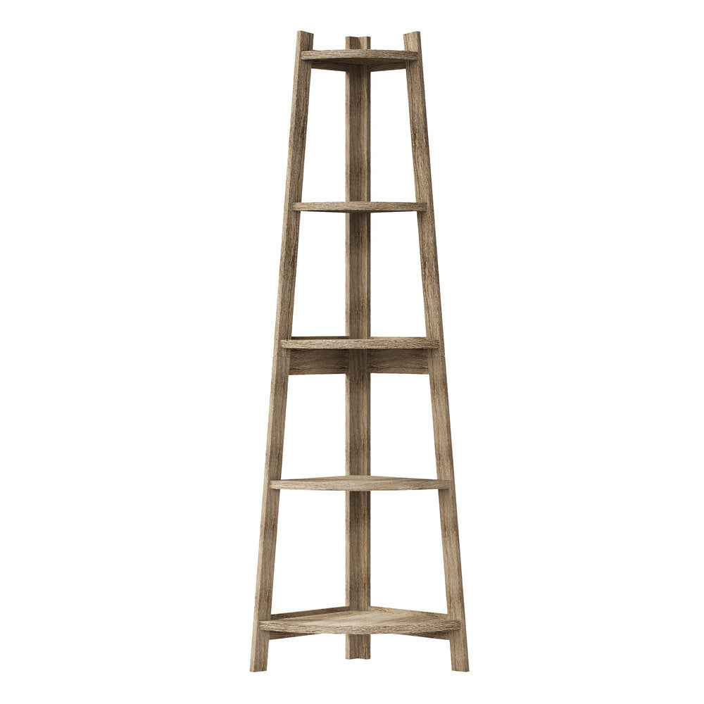 Oikiture Corner Ladder Shelf 5 Tier Display Stand Bookshelf Natural-Bookshelf-PEROZ Accessories