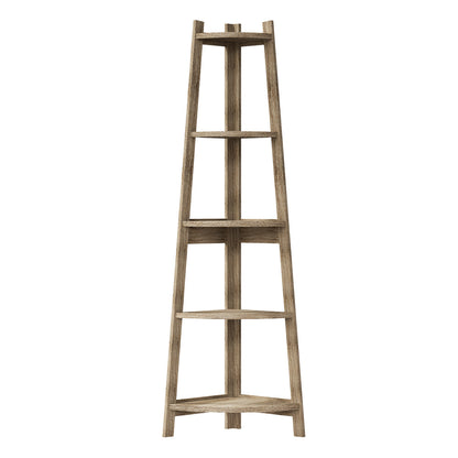 Oikiture Corner Ladder Shelf 5 Tier Display Stand Bookshelf Natural-Bookshelf-PEROZ Accessories