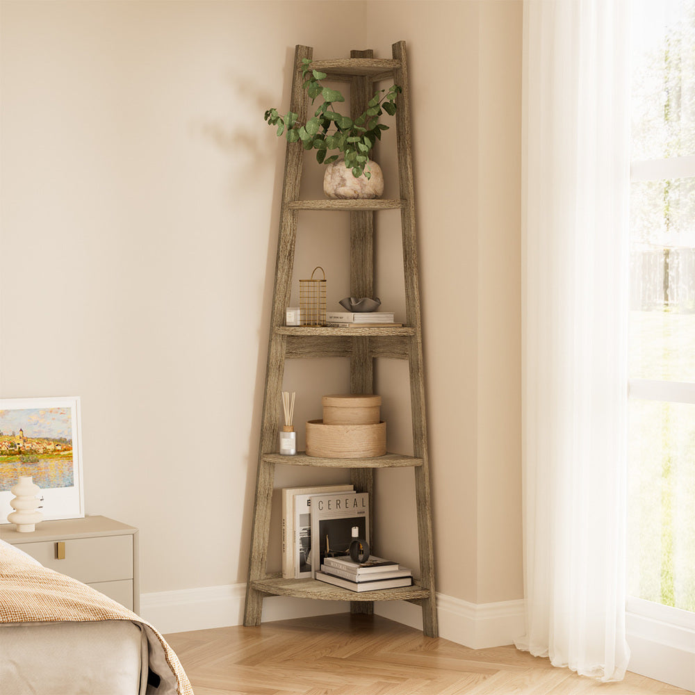 Oikiture Corner Ladder Shelf 5 Tier Display Stand Bookshelf Natural-Bookshelf-PEROZ Accessories