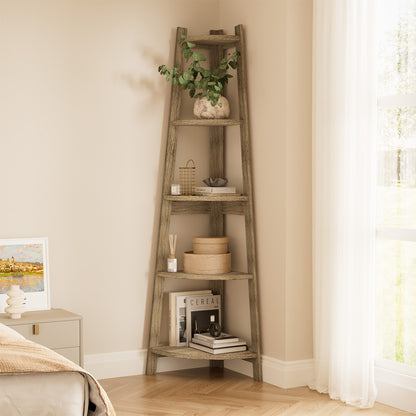 Oikiture Corner Ladder Shelf 5 Tier Display Stand Bookshelf Natural-Bookshelf-PEROZ Accessories