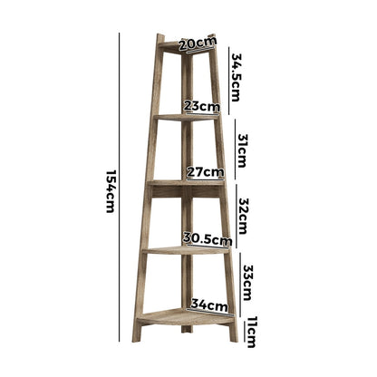 Oikiture Corner Ladder Shelf 5 Tier Display Stand Bookshelf Natural-Bookshelf-PEROZ Accessories