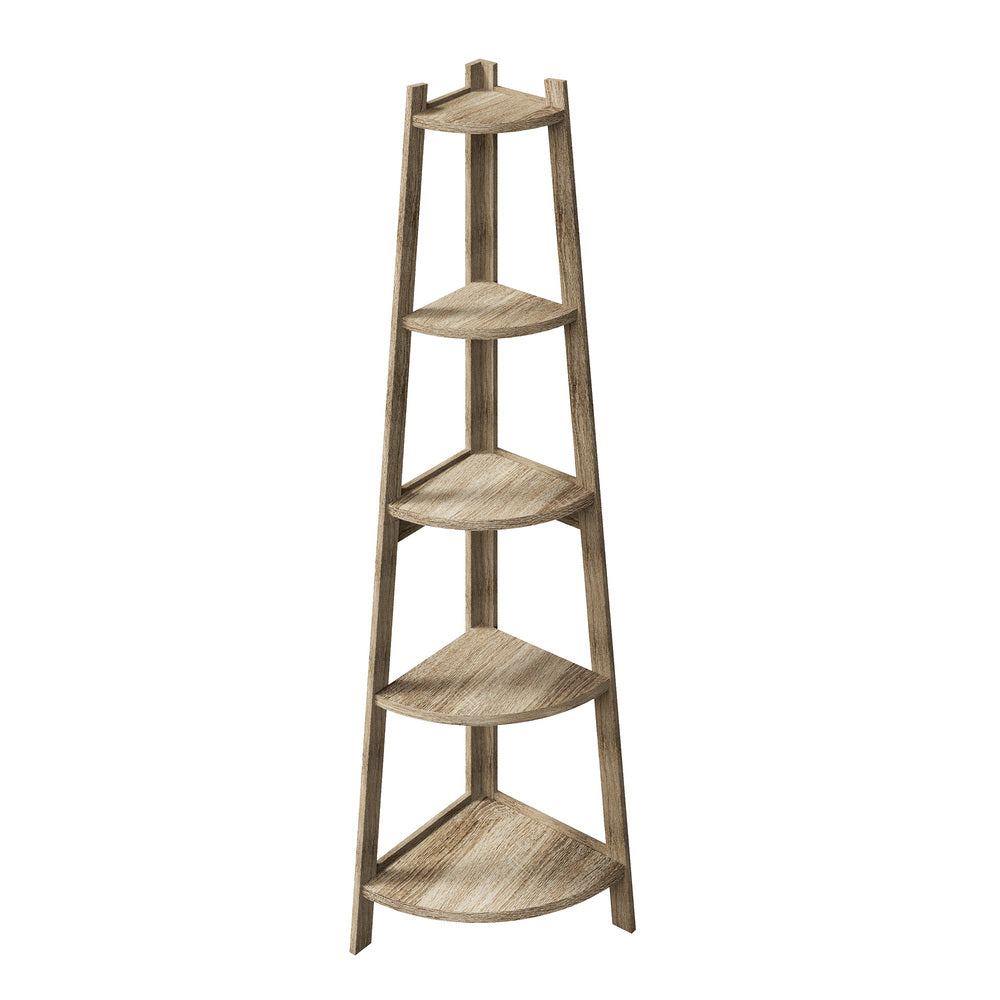 Oikiture Corner Ladder Shelf 5 Tier Display Stand Bookshelf Natural-Bookshelf-PEROZ Accessories