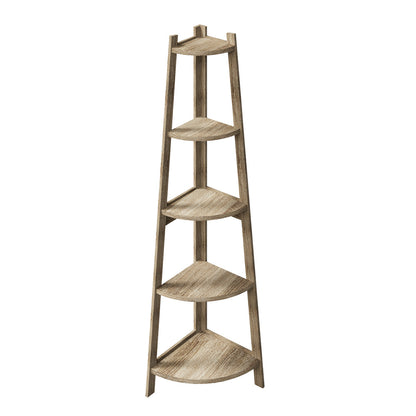 Oikiture Corner Ladder Shelf 5 Tier Display Stand Bookshelf Natural-Bookshelf-PEROZ Accessories