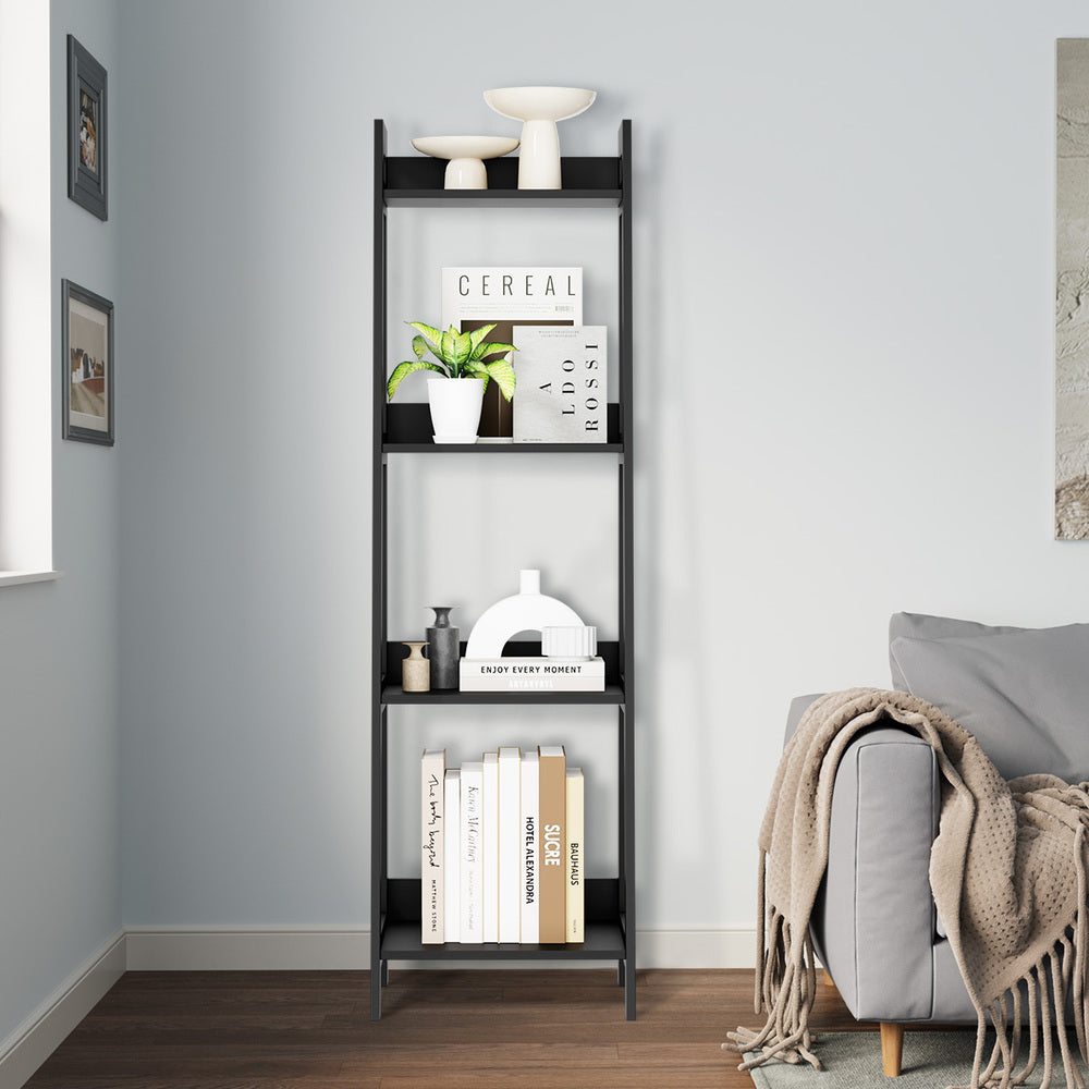 Oikiture Display Shelf 4 Tier Corner Ladder Shelves Black-Bookshelf-PEROZ Accessories