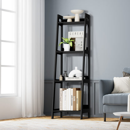Oikiture Display Shelf 4 Tier Corner Ladder Shelves Black-Bookshelf-PEROZ Accessories