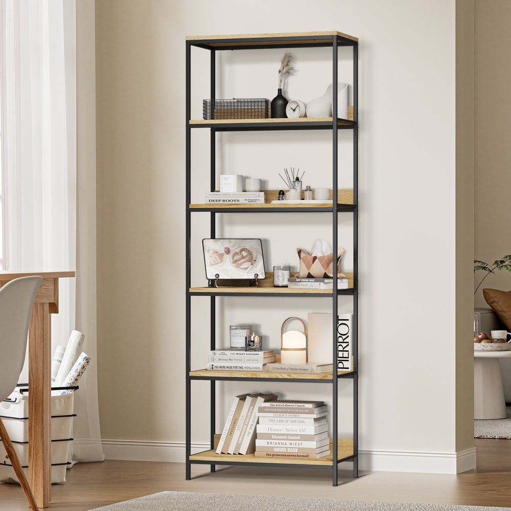 Oikiture Display Shelf 5 Tier Storage Shelves Black &amp; Natural-Display Shelf-PEROZ Accessories