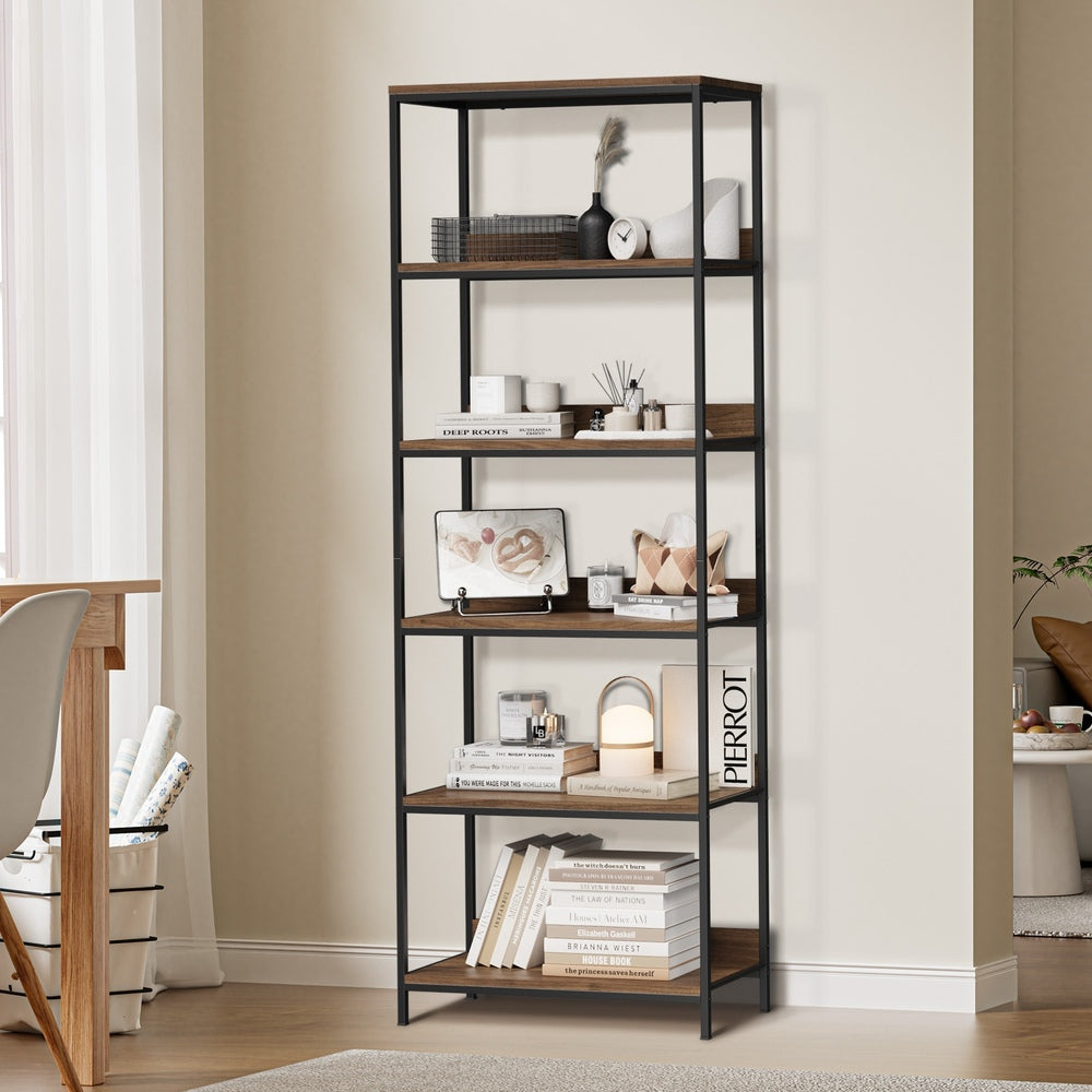 Oikiture Display Shelf 5 Tier Storage Shelves Black &amp; Walnut-Display Shelf-PEROZ Accessories