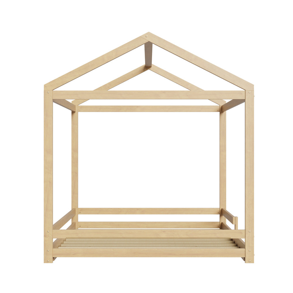 Oikiture Double Kids Wooden Bed Frame House Beds with Fence Natural-Wooden Bed Frame-PEROZ Accessories