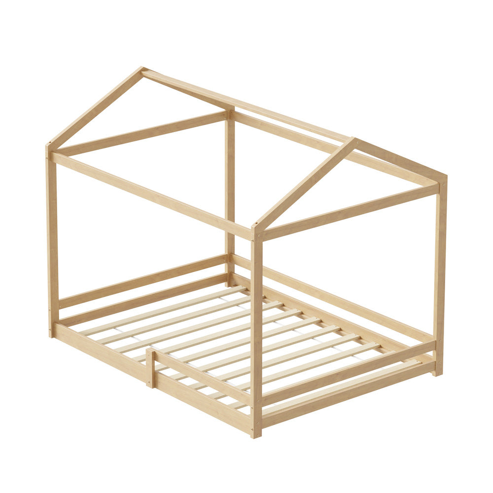 Oikiture Double Kids Wooden Bed Frame House Beds with Fence Natural-Wooden Bed Frame-PEROZ Accessories