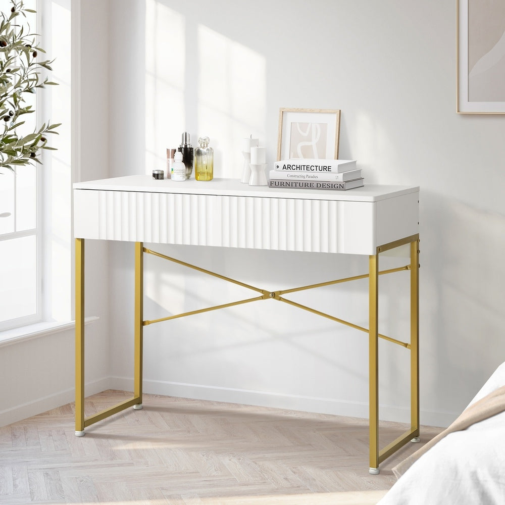 Oikiture Dressing Table Makeup Desk 2 Drawers White and Gold-Dressing Table-PEROZ Accessories