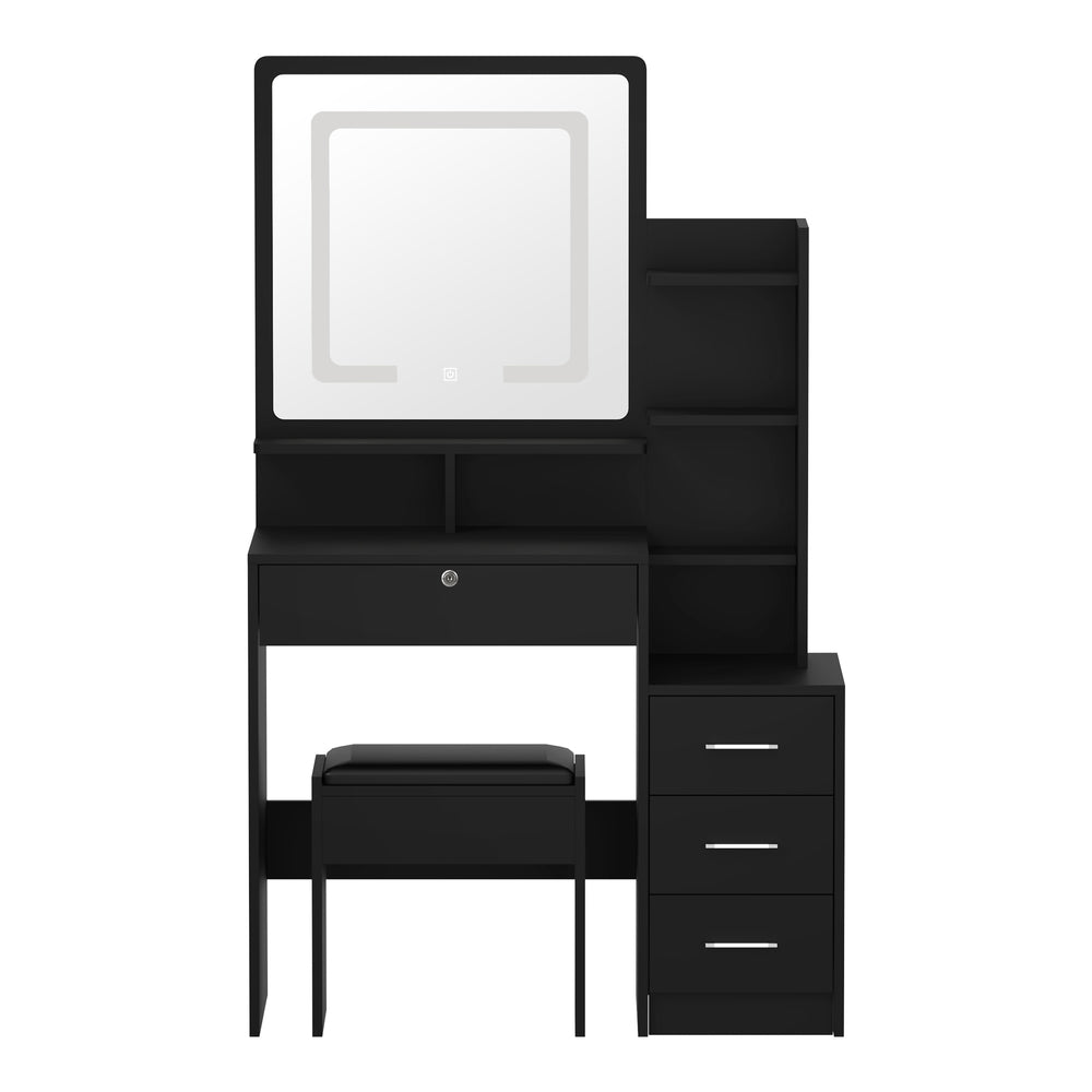 Oikiture Dressing Table Stool Set Makeup Mirror LED Light Storage Cabinet Black-Dressing Table-PEROZ Accessories