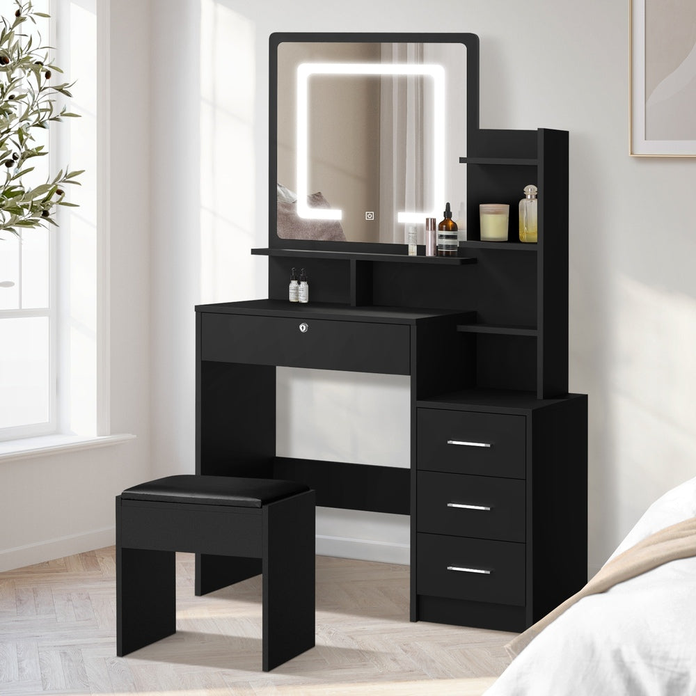 Oikiture Dressing Table Stool Set Makeup Mirror LED Light Storage Cabinet Black-Dressing Table-PEROZ Accessories