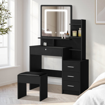 Oikiture Dressing Table Stool Set Makeup Mirror LED Light Storage Cabinet Black-Dressing Table-PEROZ Accessories