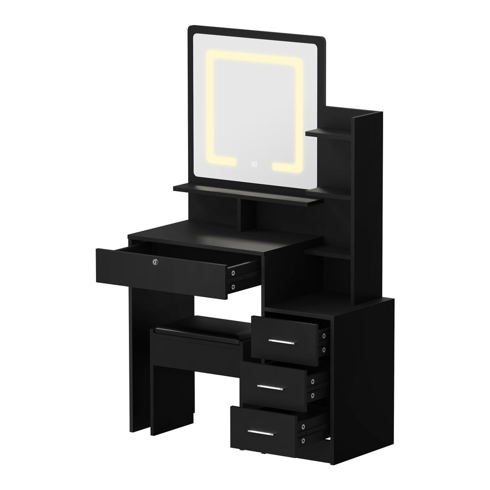 Oikiture Dressing Table Stool Set Makeup Mirror LED Light Storage Cabinet Black-Dressing Table-PEROZ Accessories