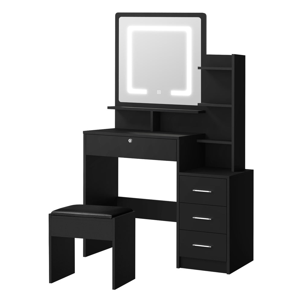 Oikiture Dressing Table Stool Set Makeup Mirror LED Light Storage Cabinet Black-Dressing Table-PEROZ Accessories