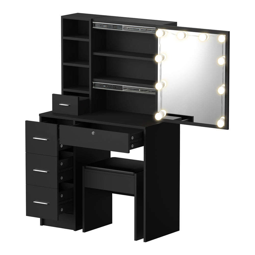 Oikiture Dressing Table Stool Set Makeup Slide Mirror Drawer 10 LED Bulbs Black-Dressing Table-PEROZ Accessories
