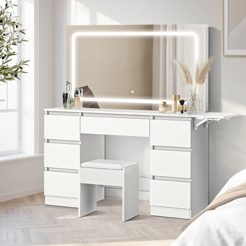Oikiture Dressing Table Stool Set with LED Makeup Mirror 7 Drawers-Dressing Table-PEROZ Accessories