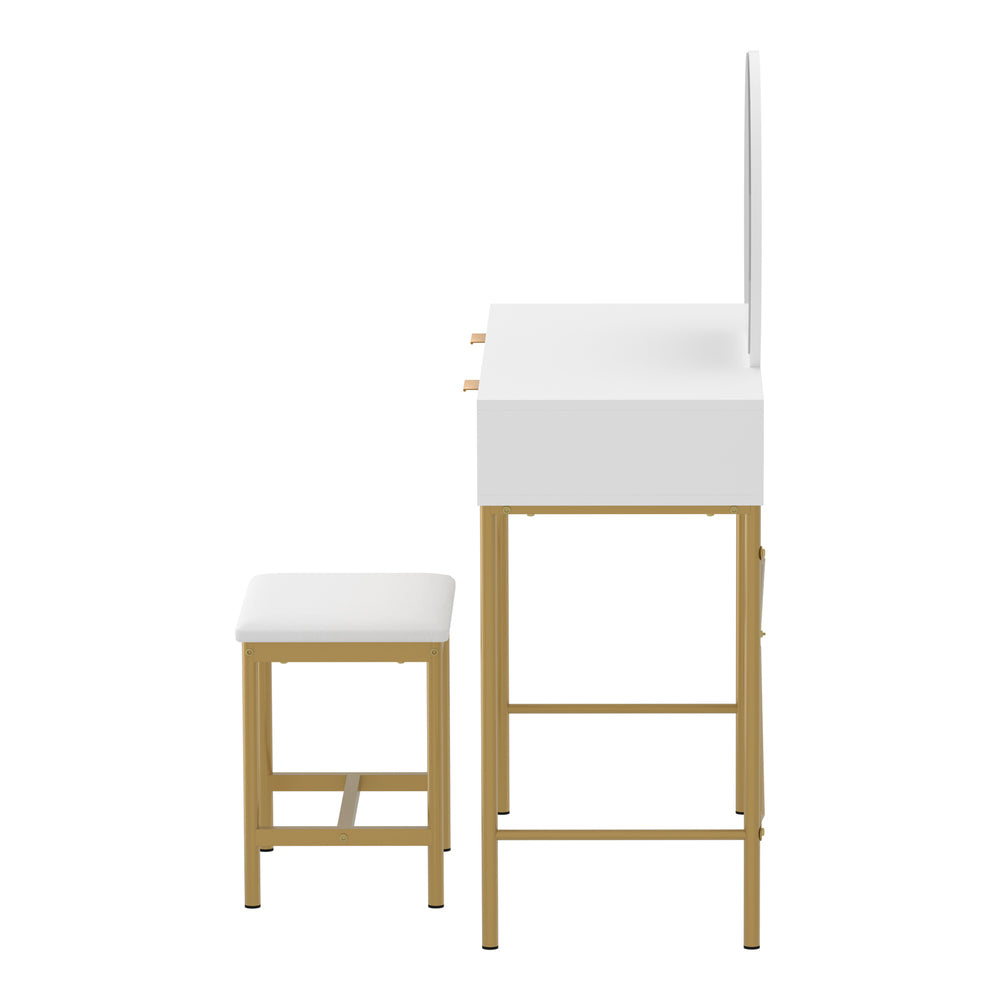 Oikiture Dressing Table Stool Set with Mirror 2 Drawers White &amp; Gold-Dressing Tables-PEROZ Accessories