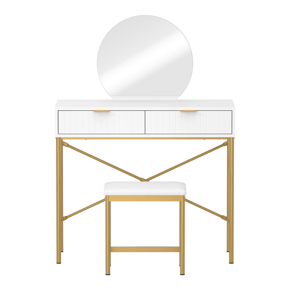 Oikiture Dressing Table Stool Set with Mirror 2 Drawers White &amp; Gold-Dressing Tables-PEROZ Accessories