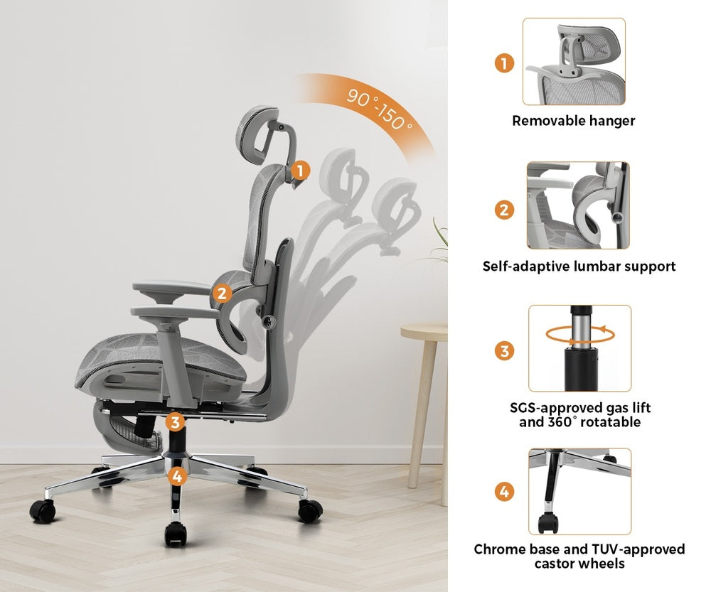 Oikiture Ergonomic Office Chair Mesh Executive Seat Grey-Office Chair-PEROZ Accessories